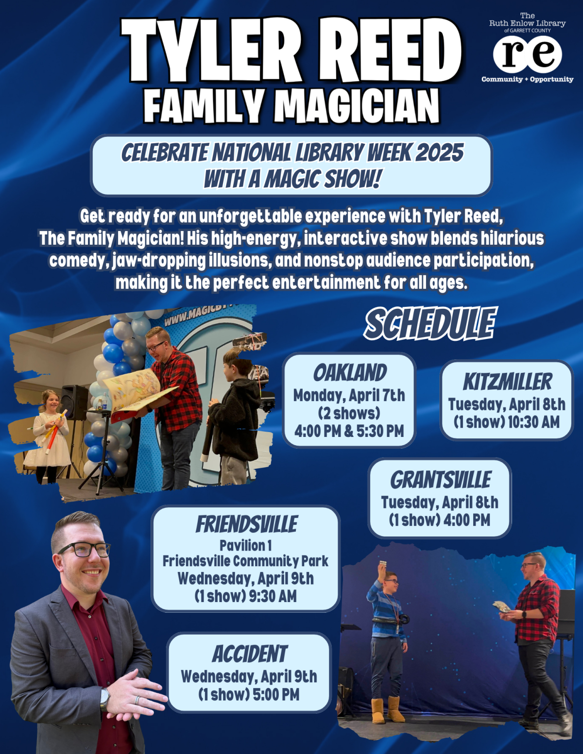 Flyer with images and details of upcoming Tyler Reed Magic Shows at the library.   
