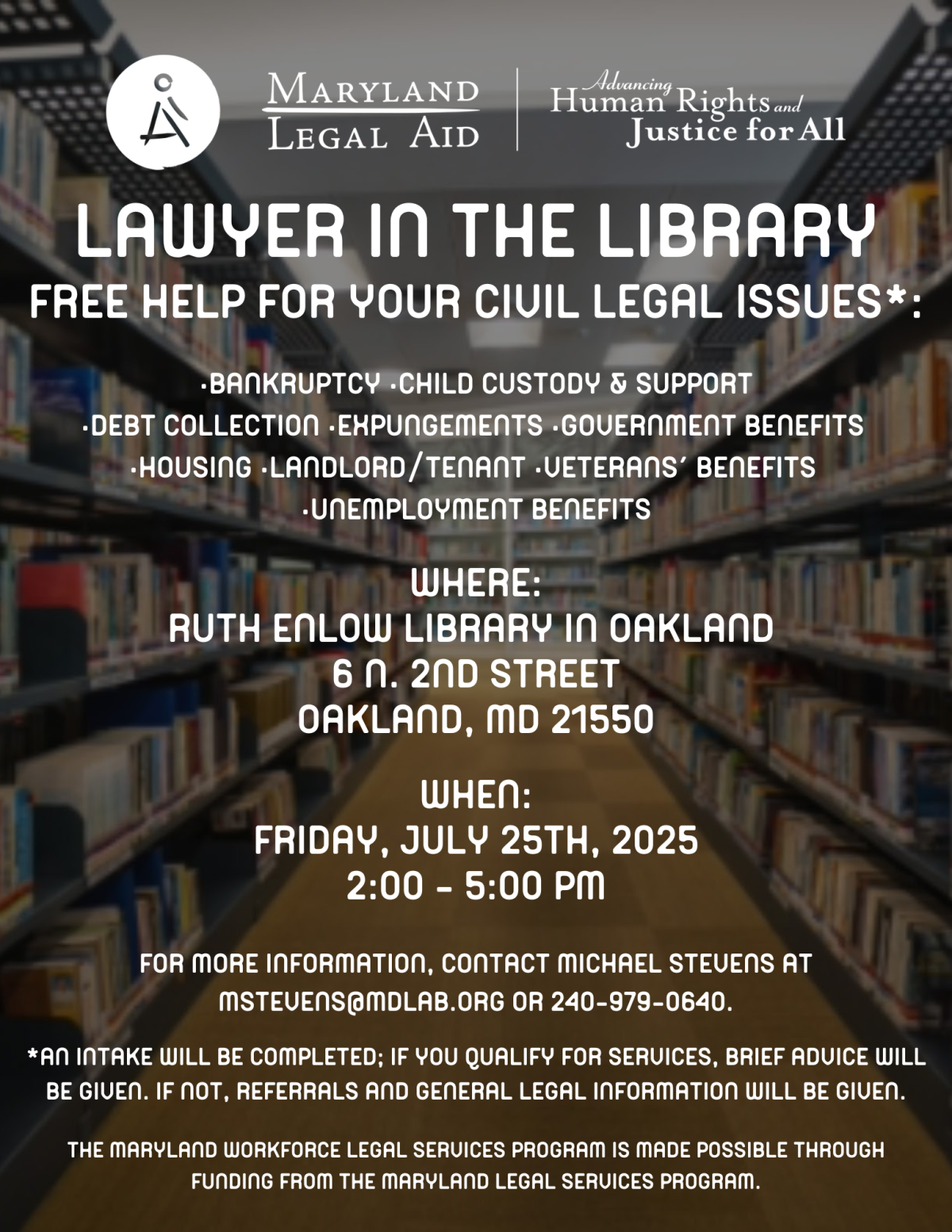 MD legal aid logo, library stacks in the background