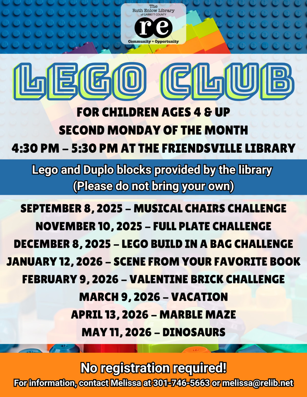 Details of upcoming LEGO Club program themes and challenges.