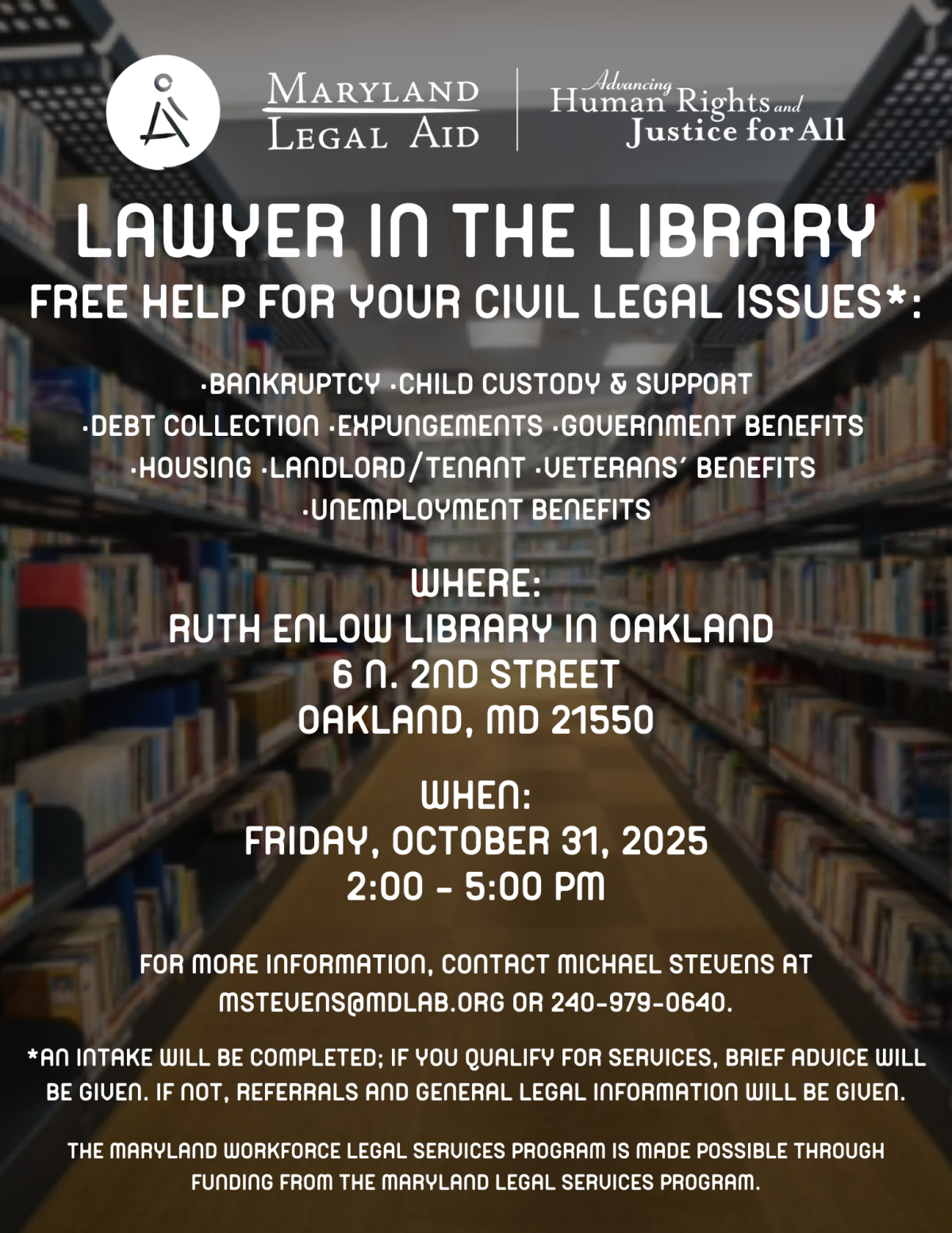 MD legal aid logo, library stacks in the background