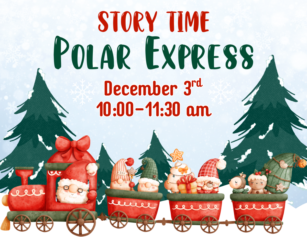 Pine trees, christmas train, snow bank