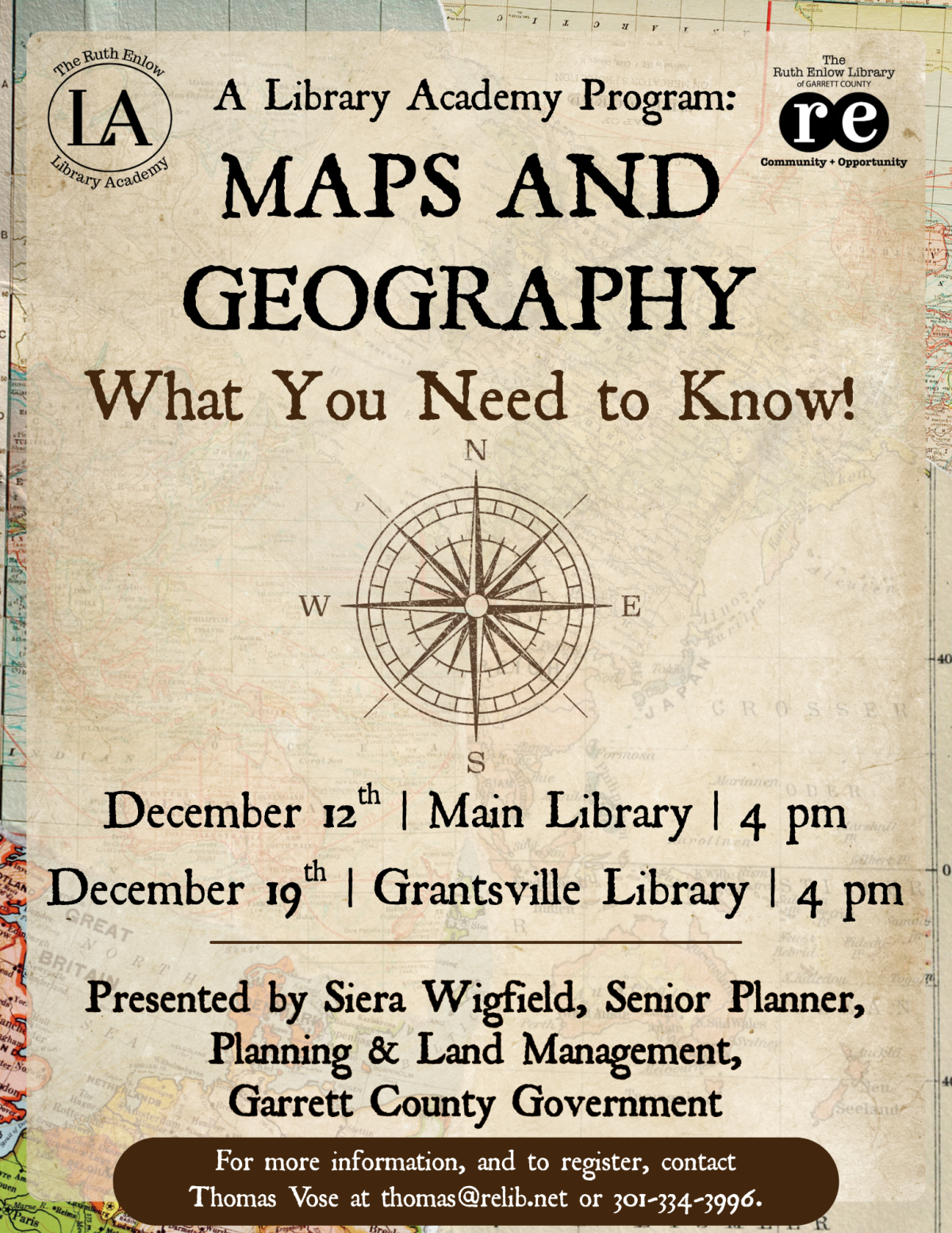 maps, compass, REL logo, Library Academy logo, Maps & Geography What You Need to Know flyer