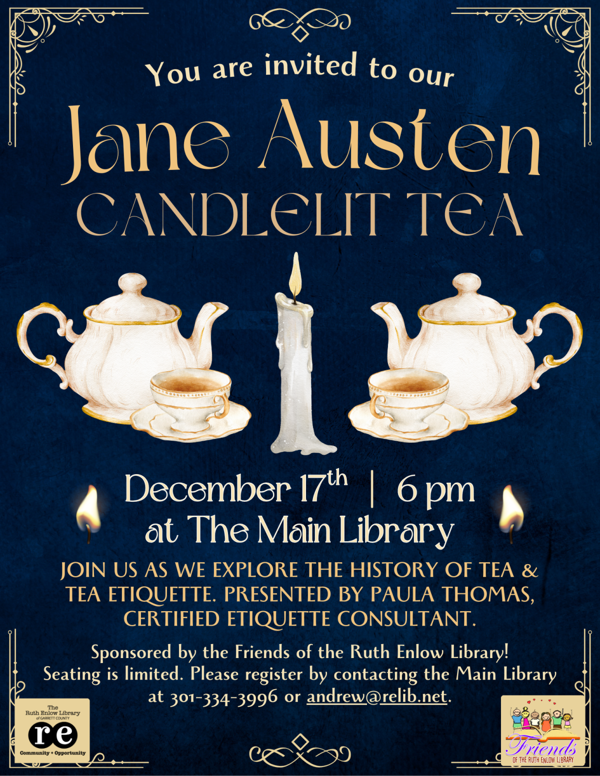 Teapot, teacups, flames, candles, scrollwork border, Jane Austen Candlelit Tea flyer