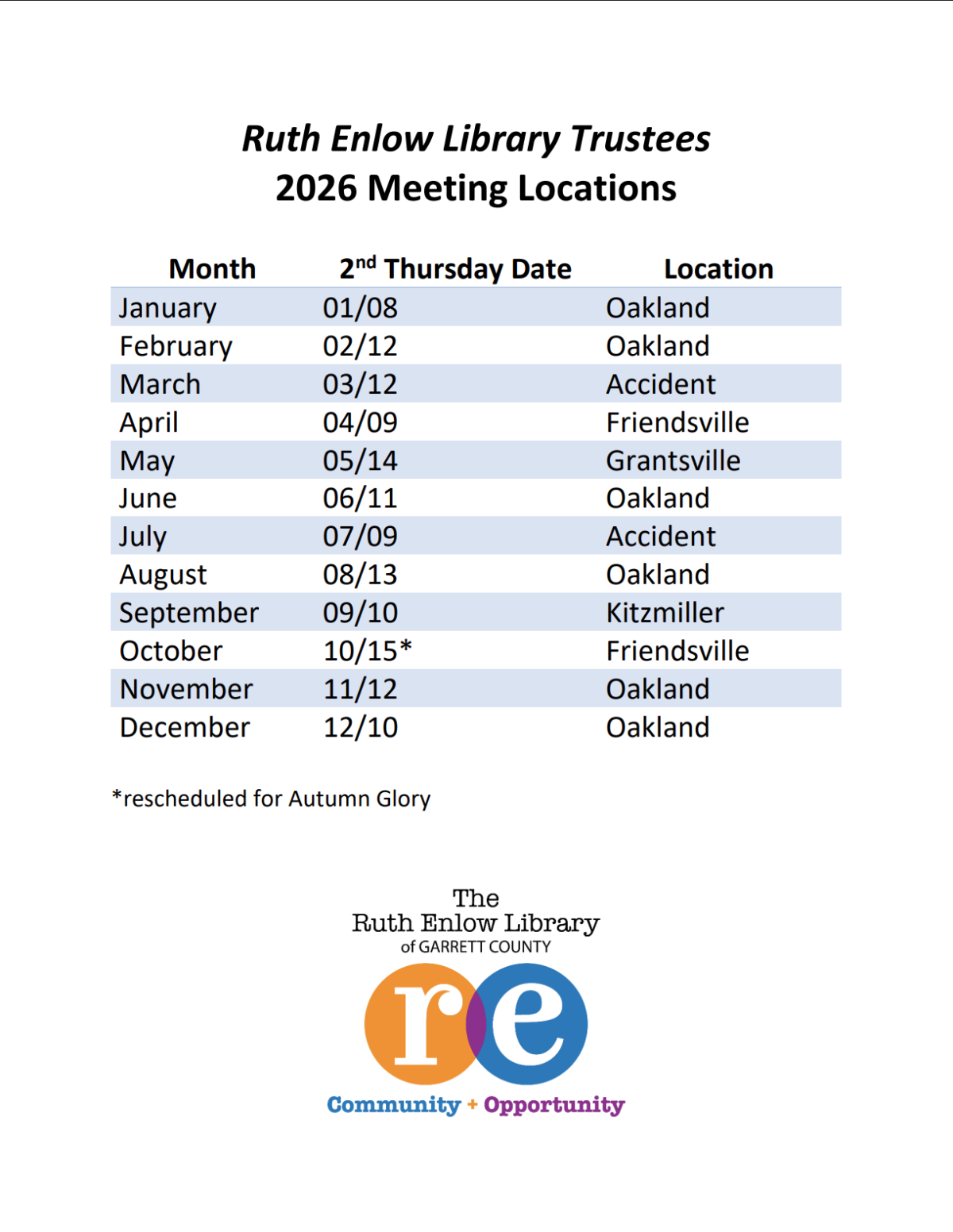 REL logo, 2026 Board of Trustees Meeting Locations and Schedule